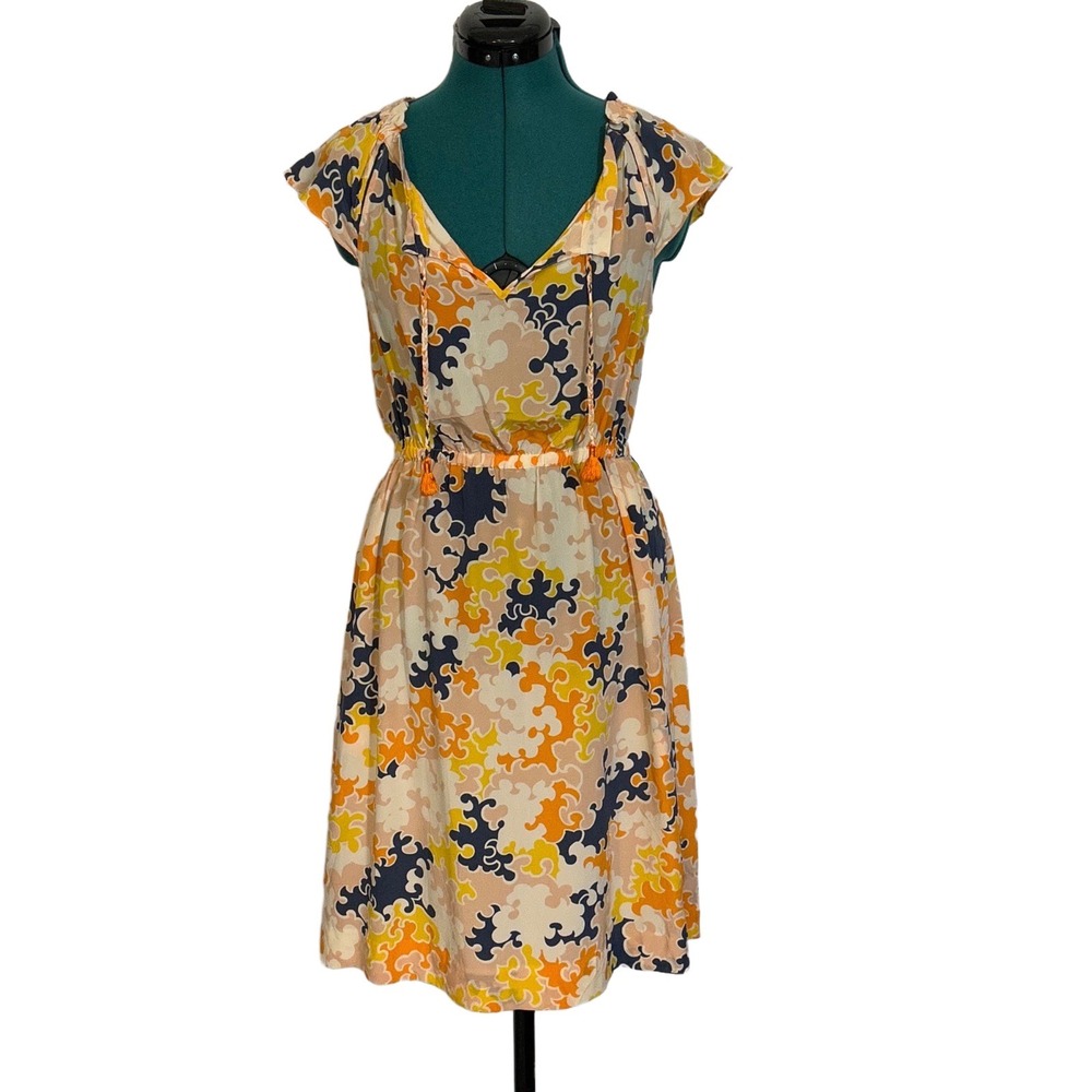 Vanessa Virginia Silk Dress Tassel V-Neck Abstract Print 2 Orange Boho Anthro XS
